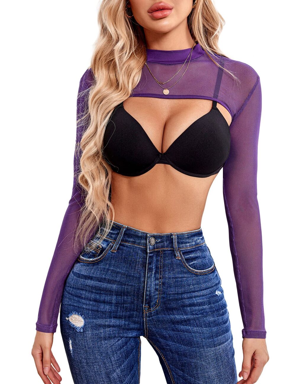 1942 Sheer Top Long Sleeve Rave Top Sexy Halloween Costume Crop TopPurple